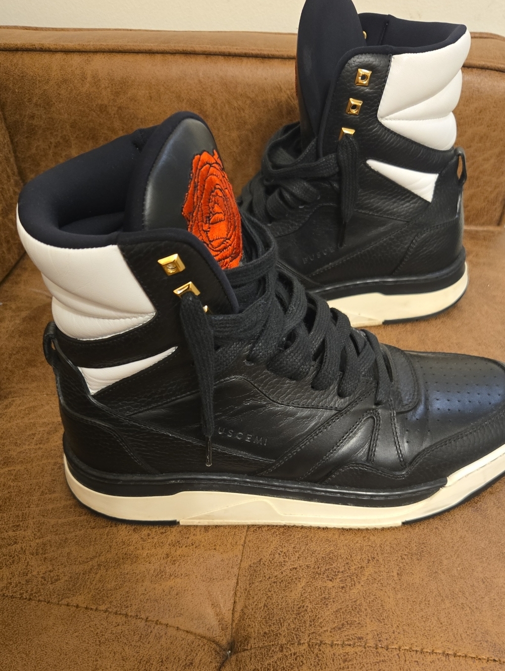 Men's Black and White High-Top Leather Sneakers with Orange Tongue Detail